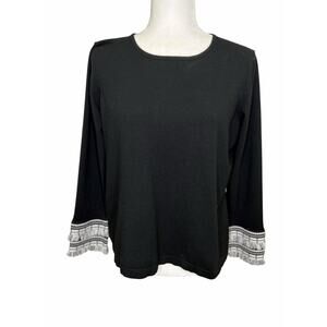 J'ENVIE New York Black White Light Sweater Fringe Cuff Detail Viscose Spandex XL